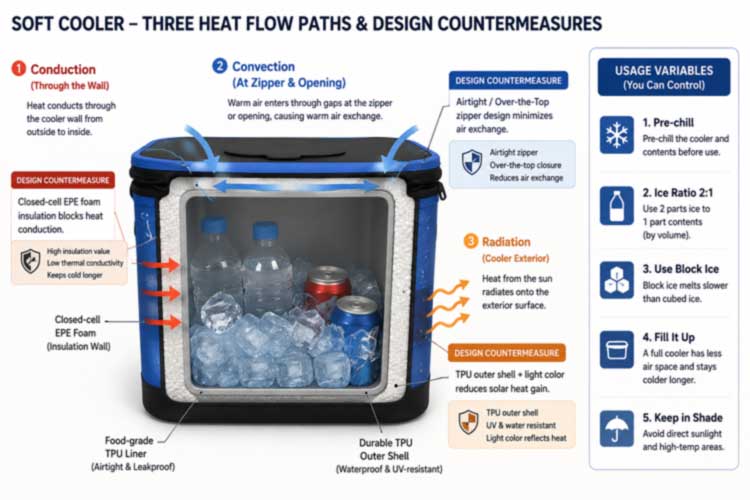 cooler backpack capacity cross-sections showing ice-to-contents load and how wall thickness reduces internal volume