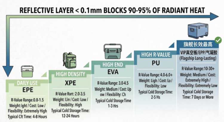 cooler backpack insulation foam tiers from EPE and XPE to EVA, PU and vacuum panels with R-value and use-case comparison cooler backpack insulation foam tiers from EPE and XPE to EVA, PU and vacuum panels with R-value and use-case comparison